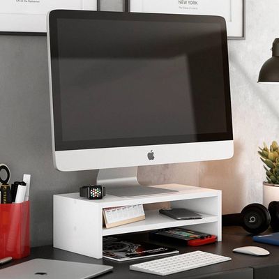 Kit 02 Suportes Stand Base Para Monitor Soft Elevado 45cm Em Mdf Com 01 Prateleira Branco