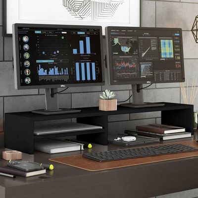 Kit 04 Suportes Stand-pro Base Para Monitor Soft Elevado 95cm Em Mdf Com 01 Prateleira Preto