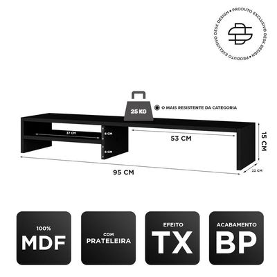 Kit 02 Suportes Stand-pro Base Para Monitor Soft Elevado 95cm Em Mdf Com 01 Prateleira Preto