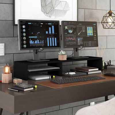 Kit 02 Suportes Stand-pro Base Para Monitor Soft Elevado 95cm Em Mdf Com 01 Prateleira Preto