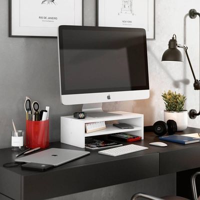 Kit 04 Suportes Stand Base Para Monitor Soft Elevado 45cm Em Mdf Com 01 Prateleira Branco