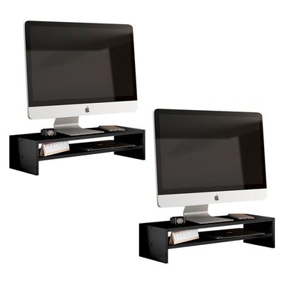 Kit 02 Suportes Stand Base Tela Monitor Soft Elevado 65cm Em Mdf Com 01 Prateleira Preto