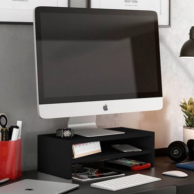 Kit 04 Suportes Stand Base Para Monitor Soft Elevado 45cm Em Mdf Com 01 Prateleira Preto