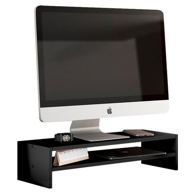 Kit 02 Suportes Stand Base Tela Monitor Soft Elevado 65cm Em Mdf Com 01 Prateleira Preto