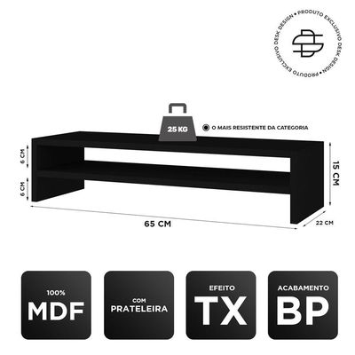 Kit 04 Suportes Stand Base Tela Monitor Soft Elevado 65cm Em Mdf Com 01 Prateleira Preto
