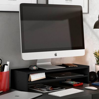 Kit 04 Suportes Stand Base Tela Monitor Soft Elevado 65cm Em Mdf Com 01 Prateleira Preto