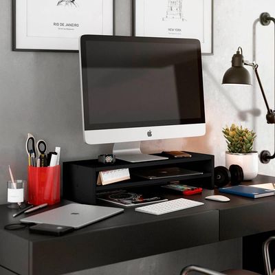 Kit 04 Suportes Stand Base Tela Monitor Soft Elevado 65cm Em Mdf Com 01 Prateleira Preto
