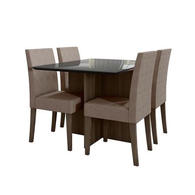 Mesa De Jantar 4 Lugares 1,20m Tampo Com Vidro Veneza Amendoa Grafite