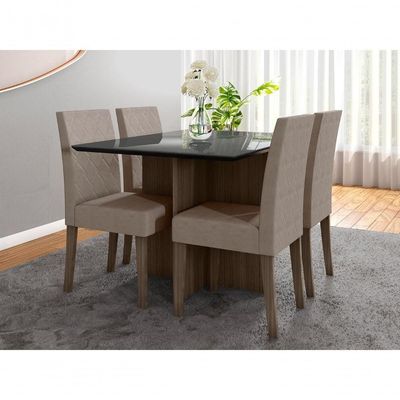 Mesa De Jantar 4 Lugares 1,20m Tampo Com Vidro Veneza Amendoa Grafite