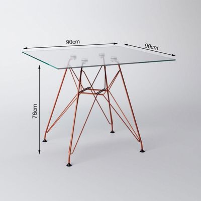 Mesa Eiffel Quadrada 90Cm Tampo De Vidro Com Base De Ferro Cobre Cor: Branco