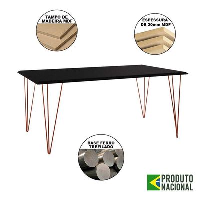 Mesa De Jantar Industrial Clips De Ferro Cobre Tampo Retangular Preto 135X75 Cor: Preto