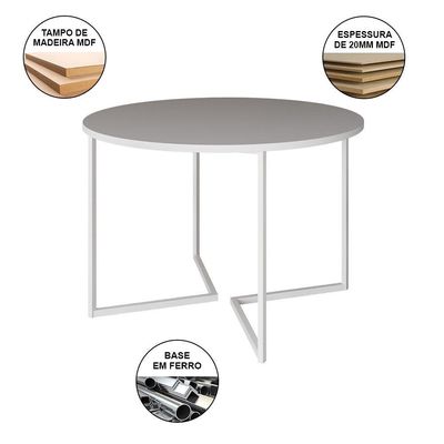 Mesa Jantar Industrial Redonda Branca 110Cm Base V Ferro Branco Cor: Branco