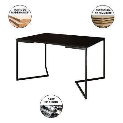 Mesa Jantar Industrial Preta Retangular 137X90Cm Base V Ferro Preto Cor: Preto