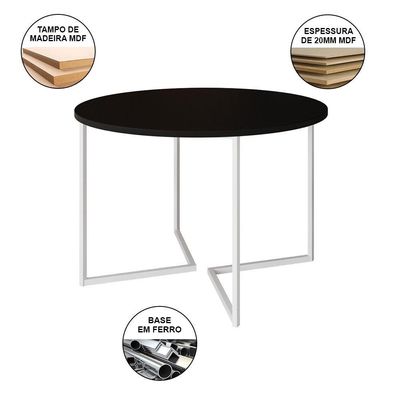 Mesa Jantar Industrial Redonda Preta 110Cm Base V Ferro Branco Cor: Preto