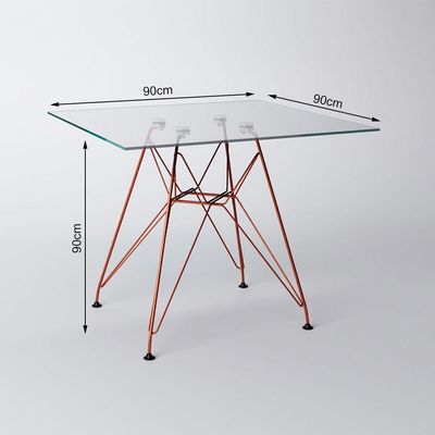 Mesa Eiffel Quadrada 90Cm Tampo De Vidro Com Base De Ferro Cobre Cor: Marrom
