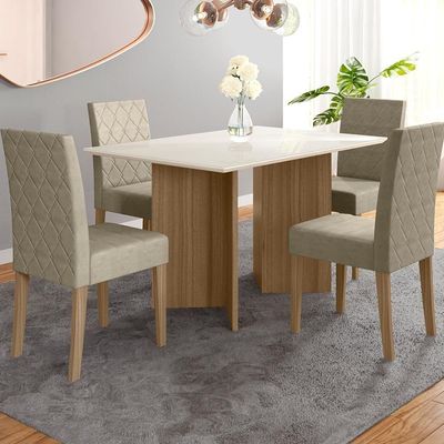 Mesa De Jantar 4 Lugares 1,36m Tampo Com Vidro Napoles Carvalho Off-white