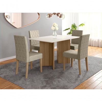 Mesa De Jantar 4 Lugares 1,36m Tampo Com Vidro Napoles Carvalho Off-white