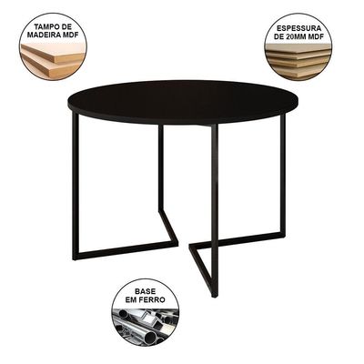 Mesa Jantar Industrial Redonda Preta Base V Ferro Preto Tampo 110Cm Cor: Preto
