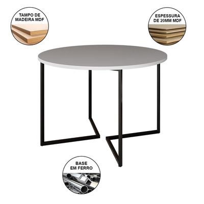 Mesa Jantar Industrial Redonda Branca Base V Ferro Preto Tampo 110Cm Cor: Branco