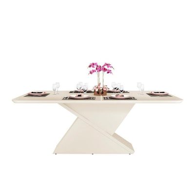 Mesa De Sala Jantar Zafira + Tampo Madeirado Vidro Curvo 200x100cm Off White - Dj Móveis