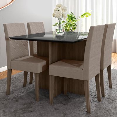 Mesa De Jantar 4 Lugares 1,20m Tampo Com Vidro Napoles Amendoa Grafite
