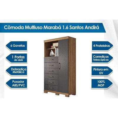 Cômoda Casal Marabá 1.6 C/ 1 Porta 2 Nichos E 6 Gavetas C/ Pés ébano - Santos Andirá