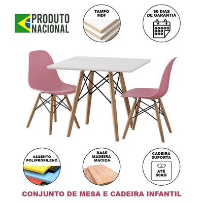 Conjunto De Mesa Madeira Infantil 68Cm Redondo Branco 2 Cadeiras Rosa