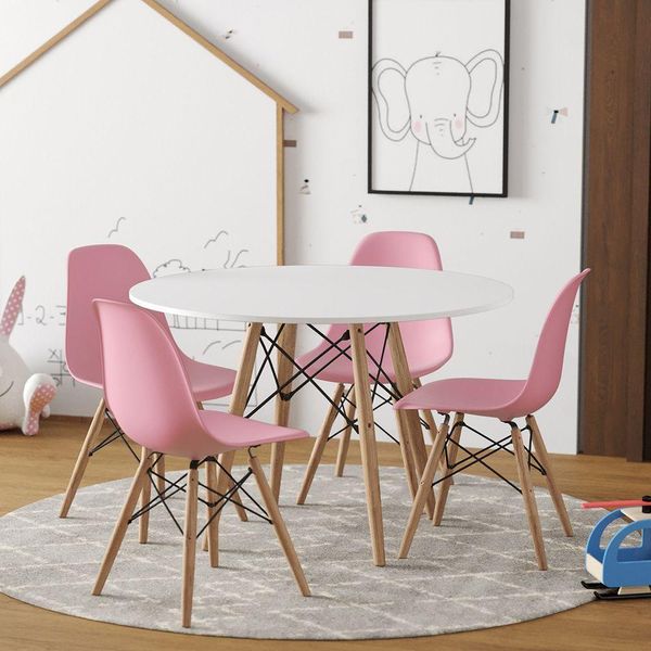 Conjunto Madeira Tampo 68Cm Redondo Branco 4 Cadeiras Rosa