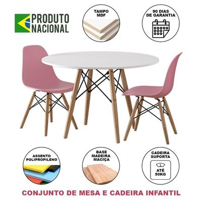 Conjunto De Mesa Madeira Infantil 68Cm Redondo Branco 2 Cadeiras Rosa