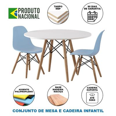 Conjunto De Mesa Madeira Infantil 68Cm Redondo Branco 2 Cadeiras Azul