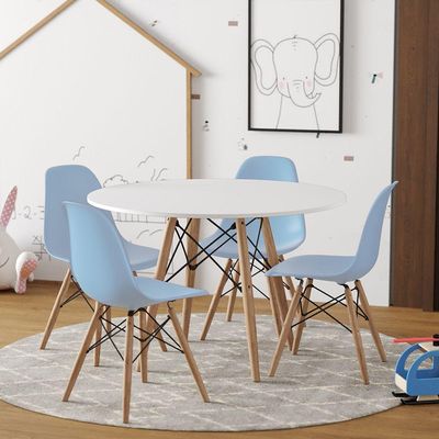 Conjunto De Mesa Madeira Infantil 68Cm Redondo Branco 4 Cadeiras Azul Cor: Branco
