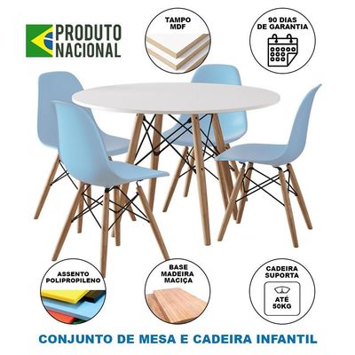Conjunto De Mesa Madeira Infantil 68Cm Redondo Branco 4 Cadeiras Azul