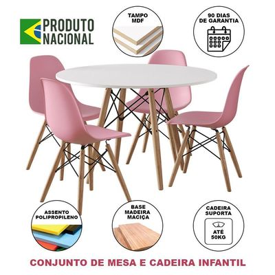 Conjunto Madeira Tampo 68Cm Redondo Branco 4 Cadeiras Rosa