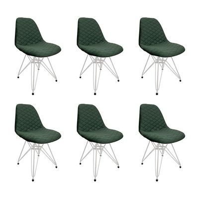 Kit 6 Cadeiras Jantar Estofadas Verde Eiffel Eames Base Ferro Branco - Cor: Verde