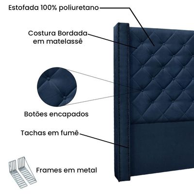 Kit Cabeceira E Calçadeira Recamier Casal 1,40M Azul Marinho