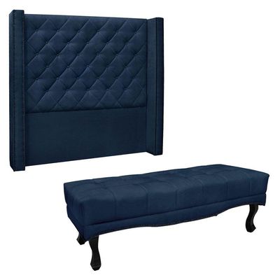 Kit Cabeceira E Calçadeira Recamier Casal 1,40M Azul Marinho