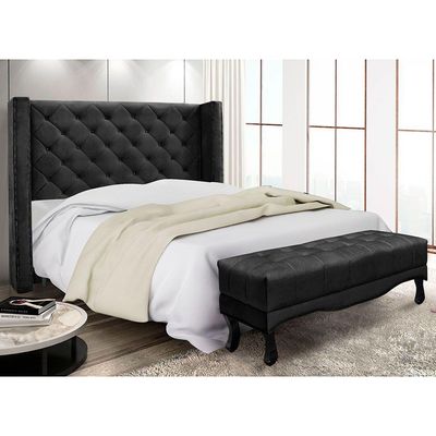 Kit Cabeceira E Calçadeira Recamier Casal 1,40M Suede Preto
