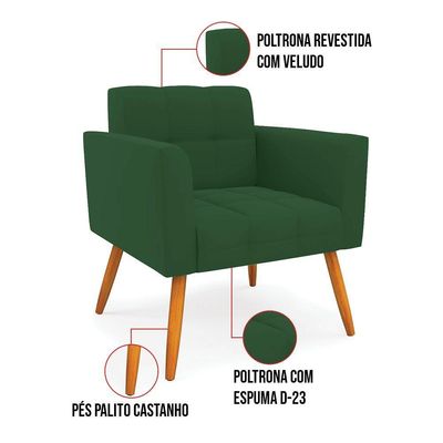 Poltrona Elisa Veludo Pés Palito Castanho - D'rossi Cor Verde