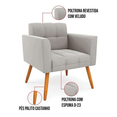 Kit 2 Poltronas Elisa Veludo Pés Palito Castanho - D'rossi Cor Cinza