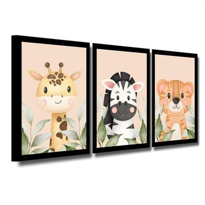 Kit 3 Quadros Safari Aquarela Infantil Quarto Vidro 20X30Cm Título Moldura Mel