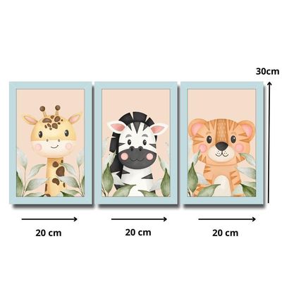 Kit Quadros Infantil Safari Aquarela 20X30 Com Vidro Titulo Moldura Azul