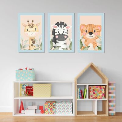 Kit Quadros Infantil Safari Aquarela 20X30 Com Vidro Titulo Moldura Azul