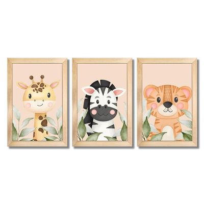 Kit Quadros Infantil Safari Aquarela 20X30 3 Peças Titulo Moldura Mel