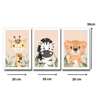 Kit Quadros Infantil Safari Aquarela 20X30 3 Peças Titulo Moldura Branca