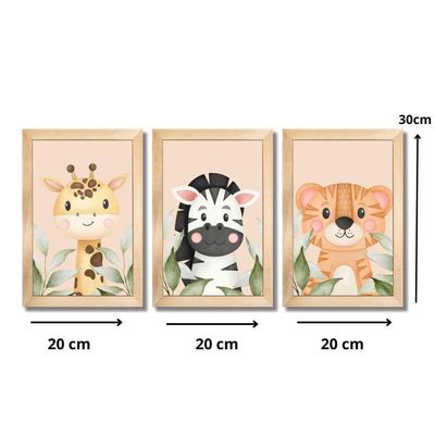 Kit Quadros Infantil Safari Aquarela 20X30 3 Peças Titulo Moldura Mel