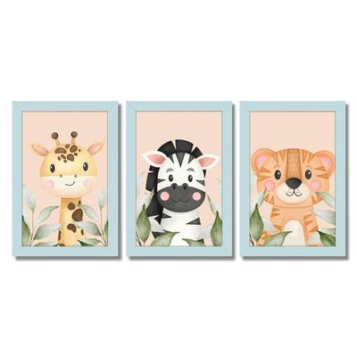 Kit Quadros Infantil Safari Aquarela 20X30 Com Vidro Titulo Moldura Azul