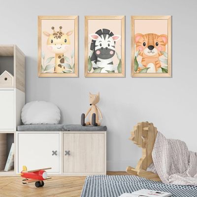 Kit Quadros Infantil Safari Aquarela 20X30 3 Peças Titulo Moldura Mel