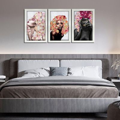 Kit 3 Quadros Decorativos 20X30 Mulheres Rosto Flores Rosas Titulo Moldura Branca
