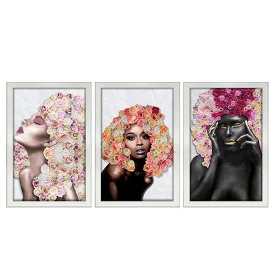 Kit 3 Quadros Decorativos 20X30 Mulheres Rosto Flores Rosas Titulo Moldura Branca