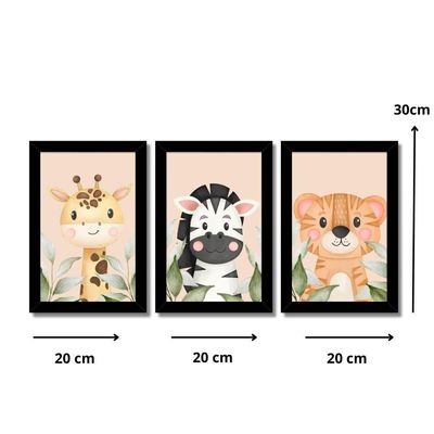 Kit 3 Quadros Safari Aquarela Infantil Quarto Vidro 20X30Cm Título Moldura Amarela